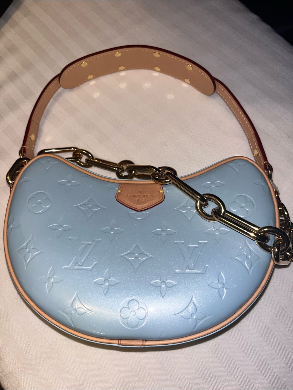 Louis Vuitton Light Blue Vernis Crescent Shoulder Bag with Gold Chain